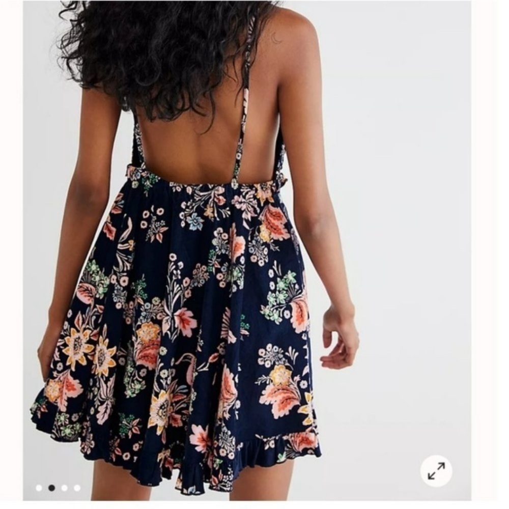 NEW Free People Cord Looking Glass Mini Navy Blue Ruffle Corduroy Floral Sz L - Picture 2 of 10